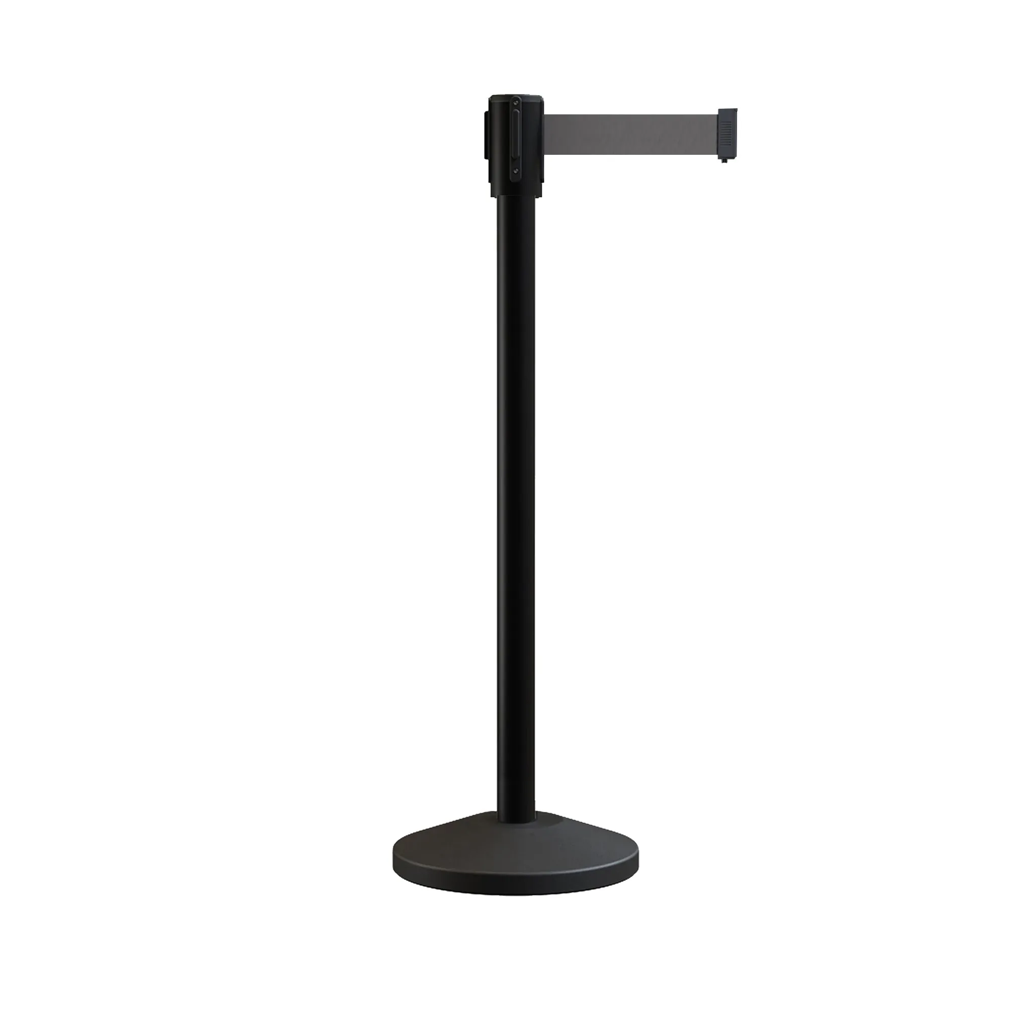 Retractable Belt Barrier Stanchion, Sloped Base, Black Powder Coated Post, 9 ft Belt - Montour Line M530