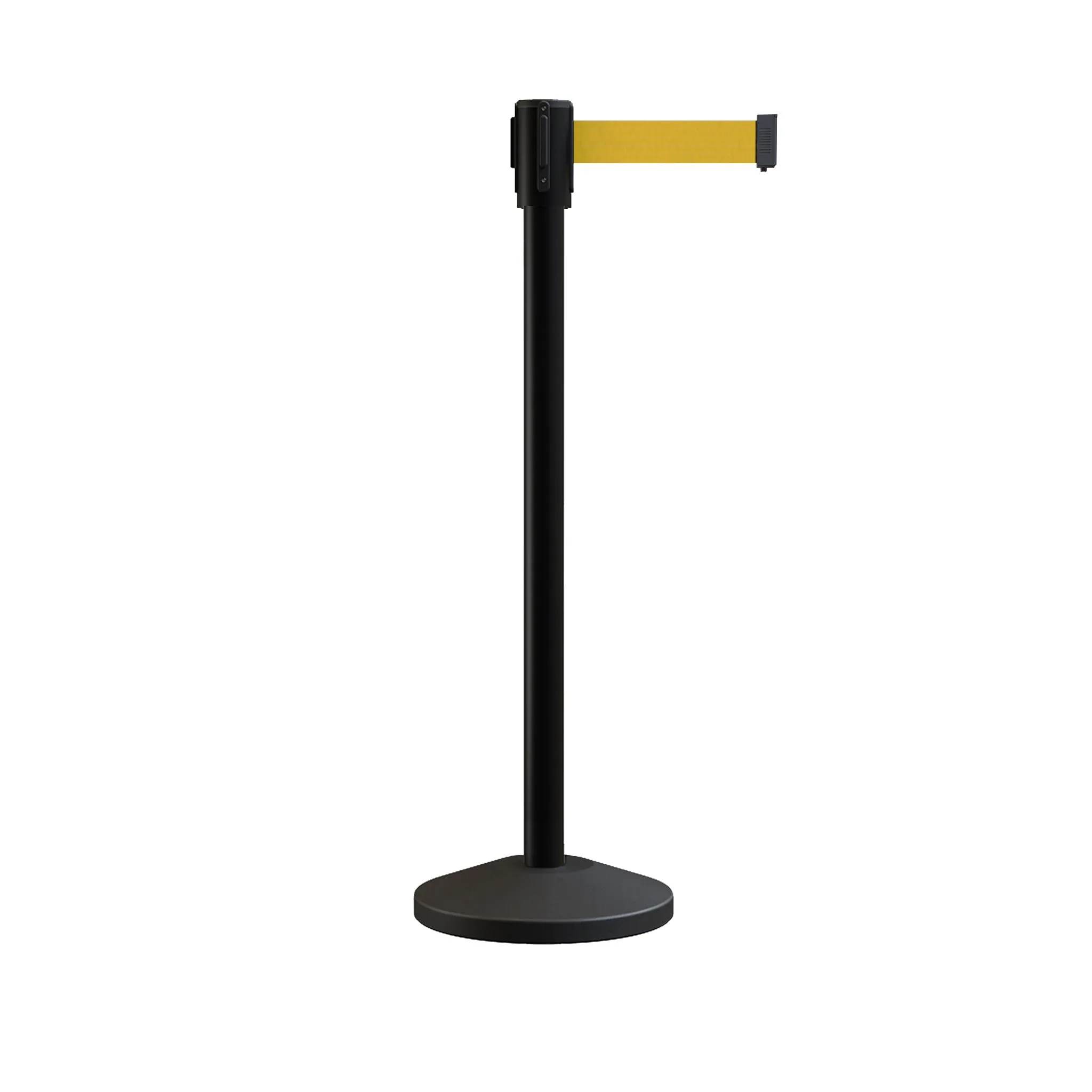 Retractable Belt Barrier Stanchion, Sloped Base, Black Powder Coated Post, 9 ft Belt - Montour Line M530