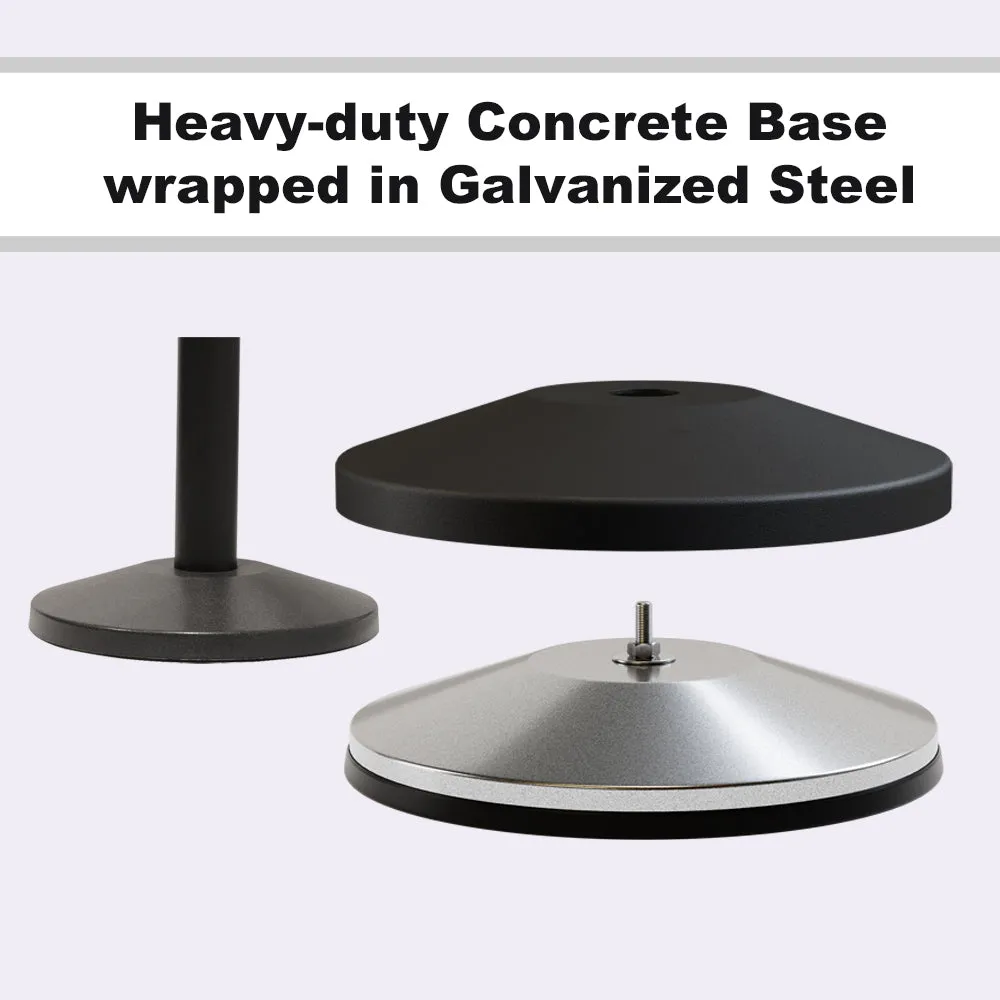 Retractable Belt Barrier Stanchion, Sloped Base, Black Powder Coated Post, 9 ft Belt - Montour Line M530