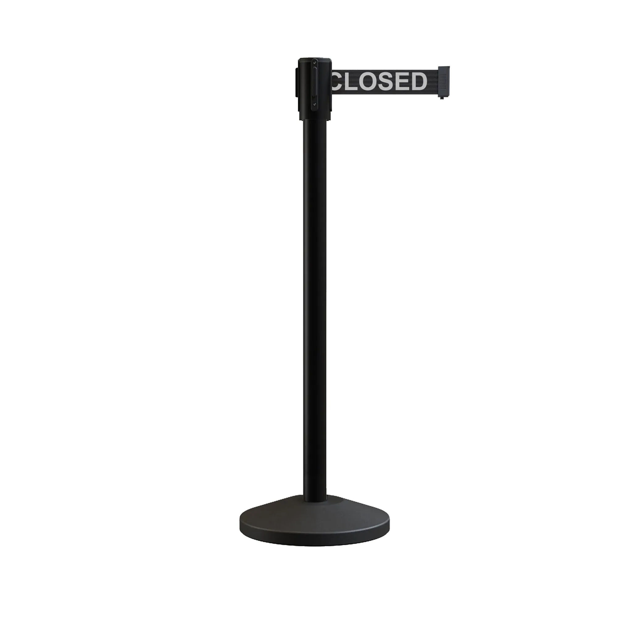 Retractable Belt Barrier Stanchion, Sloped Base, Black Powder Coated Post, 9 ft Belt - Montour Line M530