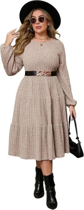 ShopWonder Women Plus Size Knit Sweater Dress Round Neck Long Sleeves Comfy Pullover Winter Midi Dress with Belt