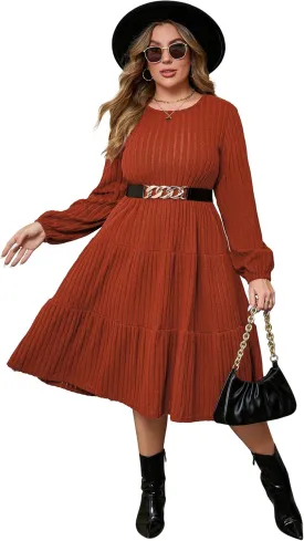 ShopWonder Women Plus Size Knit Sweater Dress Round Neck Long Sleeves Comfy Pullover Winter Midi Dress with Belt