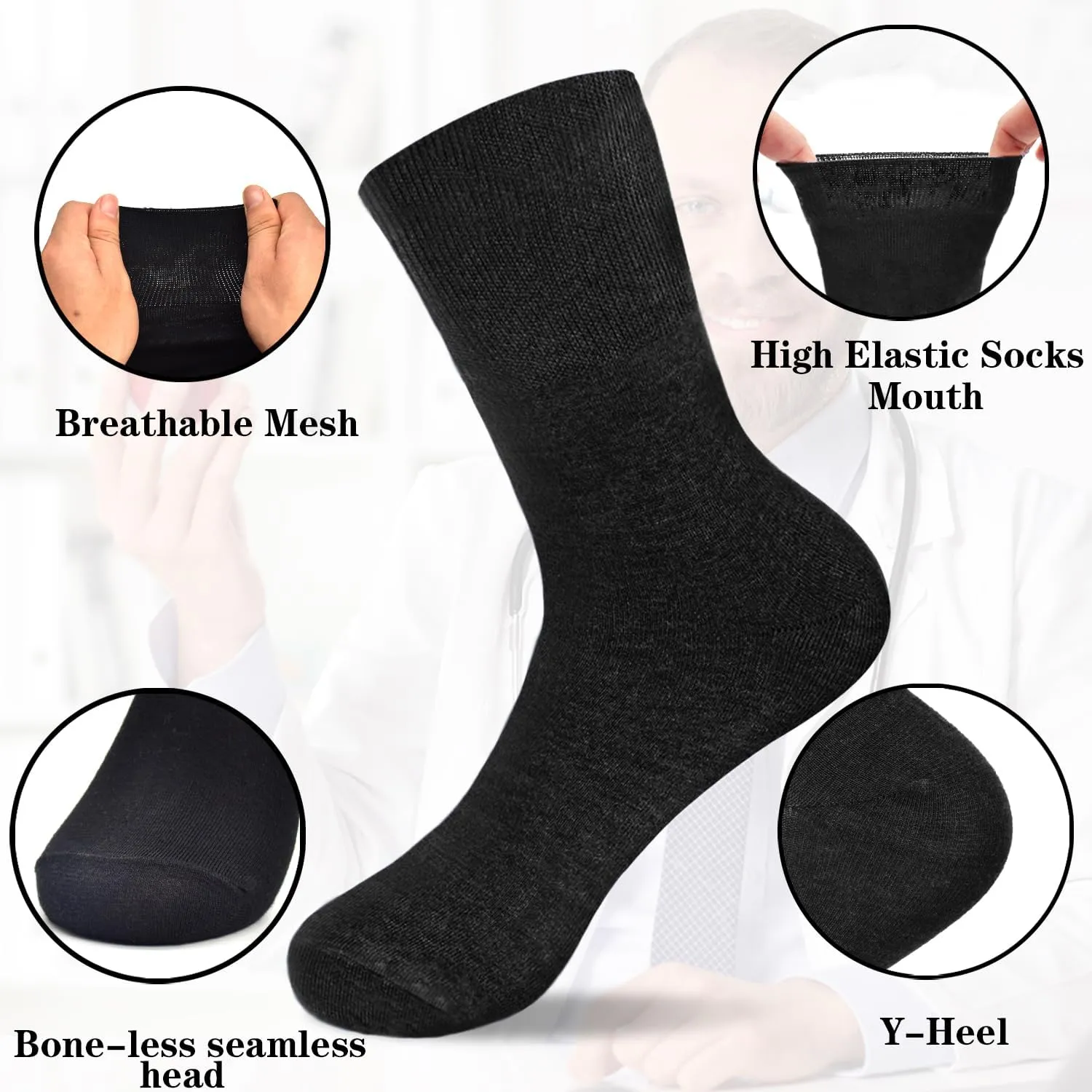 SkiBeaut Diabetic Crew Socks for Men, 8 Pairs Loose Cuff Mid-Calf Socks for Pregnant Women Elderly