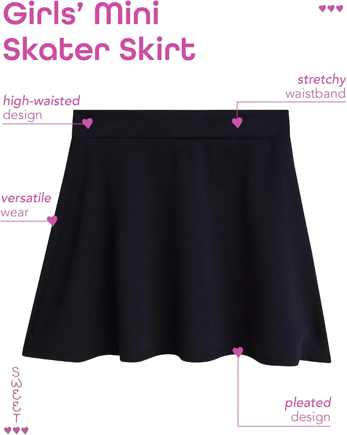 Sweet Hearts Girls Skater Skirt - High Waist Stretch Flare Pleated Mini Uniform Skirts for Girls: Made in USA (Sizes: 5-18)