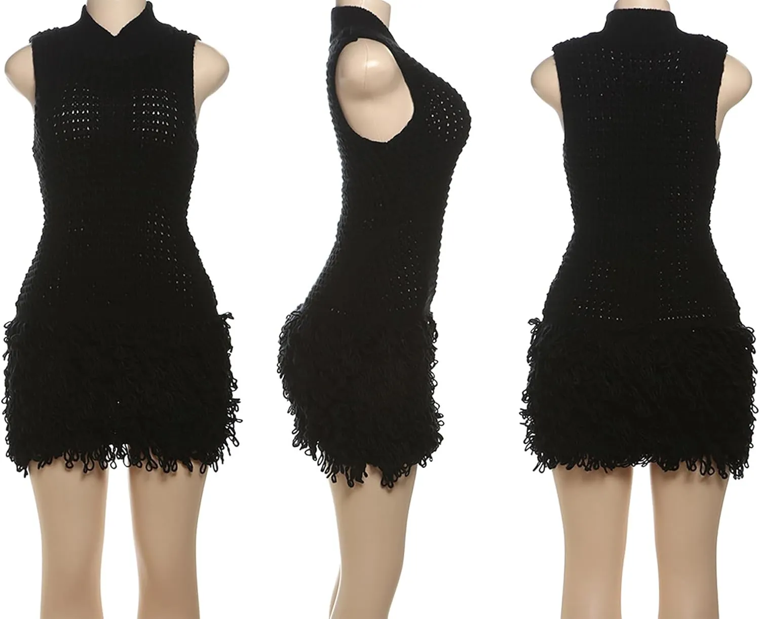 Tcremisa Women's Crochet Fringe Mini Dress Slim Fit Sleeveless Hollow Out Bodycon Short Knit Pullover Dresses