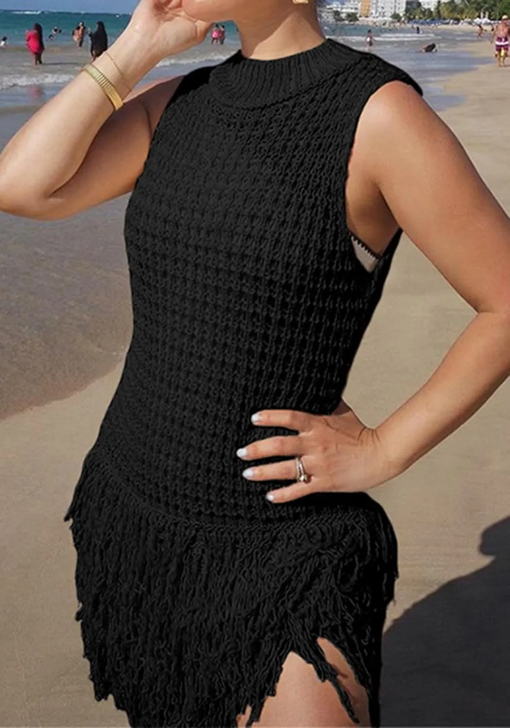 Tcremisa Women's Crochet Fringe Mini Dress Slim Fit Sleeveless Hollow Out Bodycon Short Knit Pullover Dresses