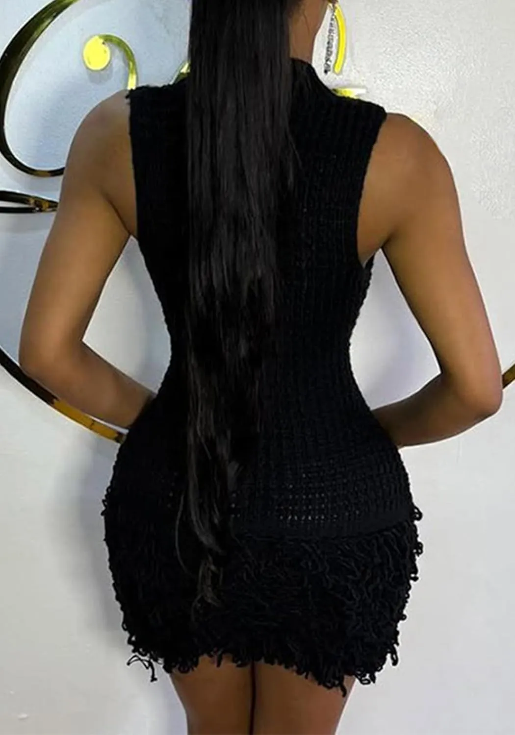 Tcremisa Women's Crochet Fringe Mini Dress Slim Fit Sleeveless Hollow Out Bodycon Short Knit Pullover Dresses