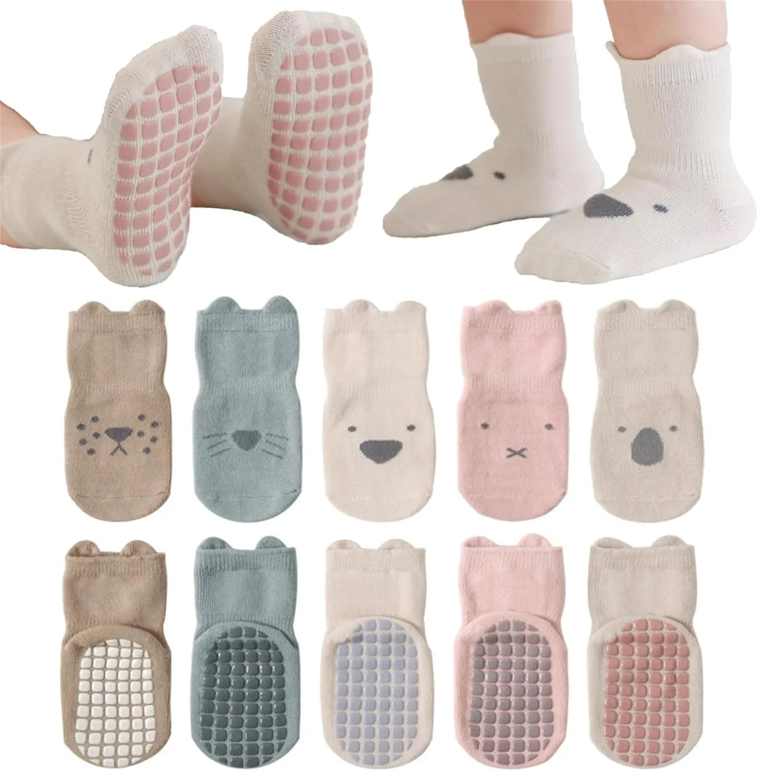 Toddler Non-Skid Socks with Grips Baby Girls Boys Anti-Slip Crew Cartoon Socks for Infants 10 Pairs