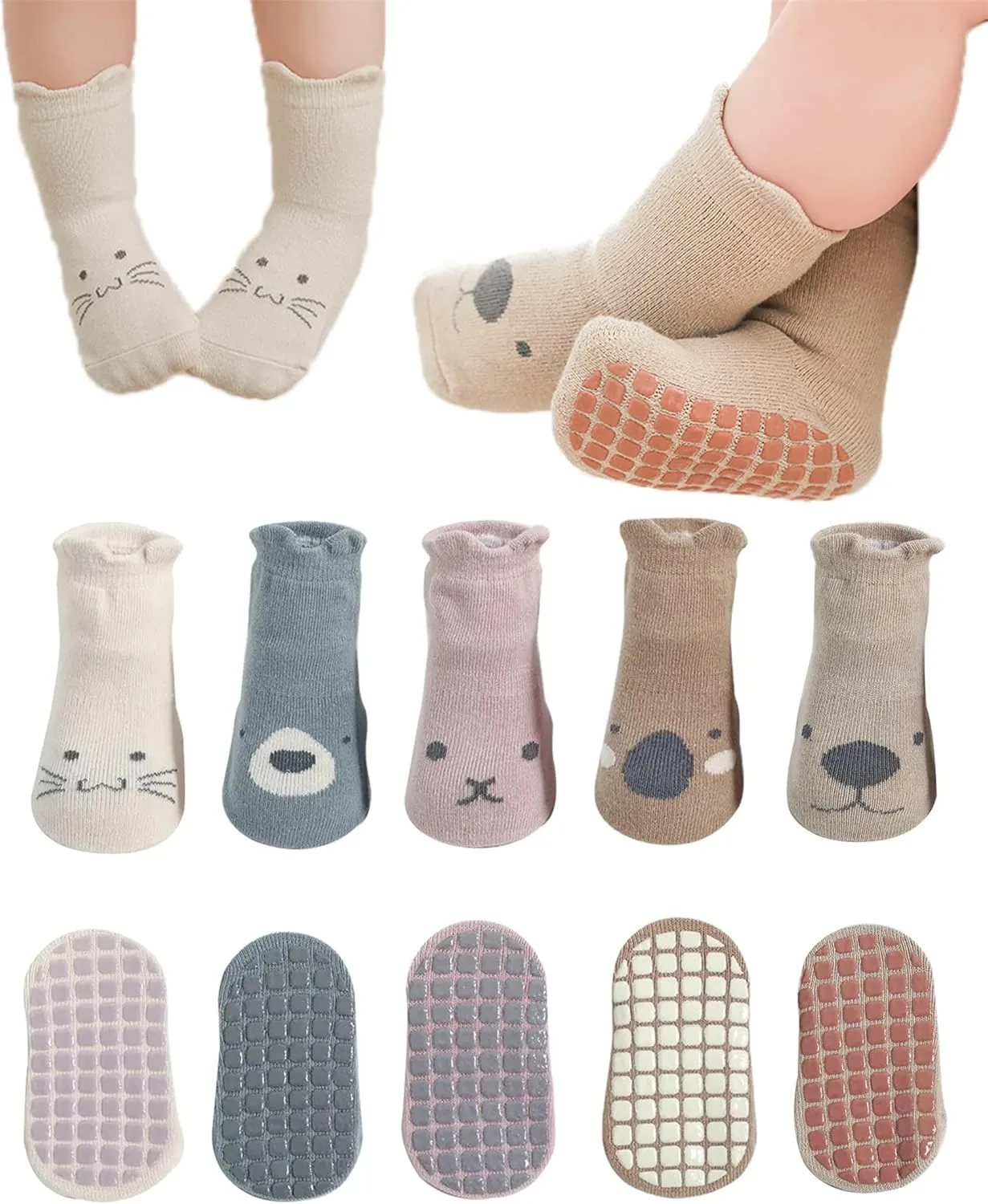 Toddler Non-Skid Socks with Grips Baby Girls Boys Anti-Slip Crew Cartoon Socks for Infants 10 Pairs