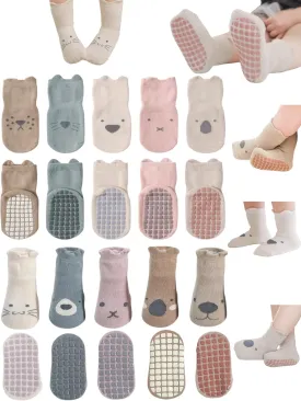 Toddler Non-Skid Socks with Grips Baby Girls Boys Anti-Slip Crew Cartoon Socks for Infants 10 Pairs