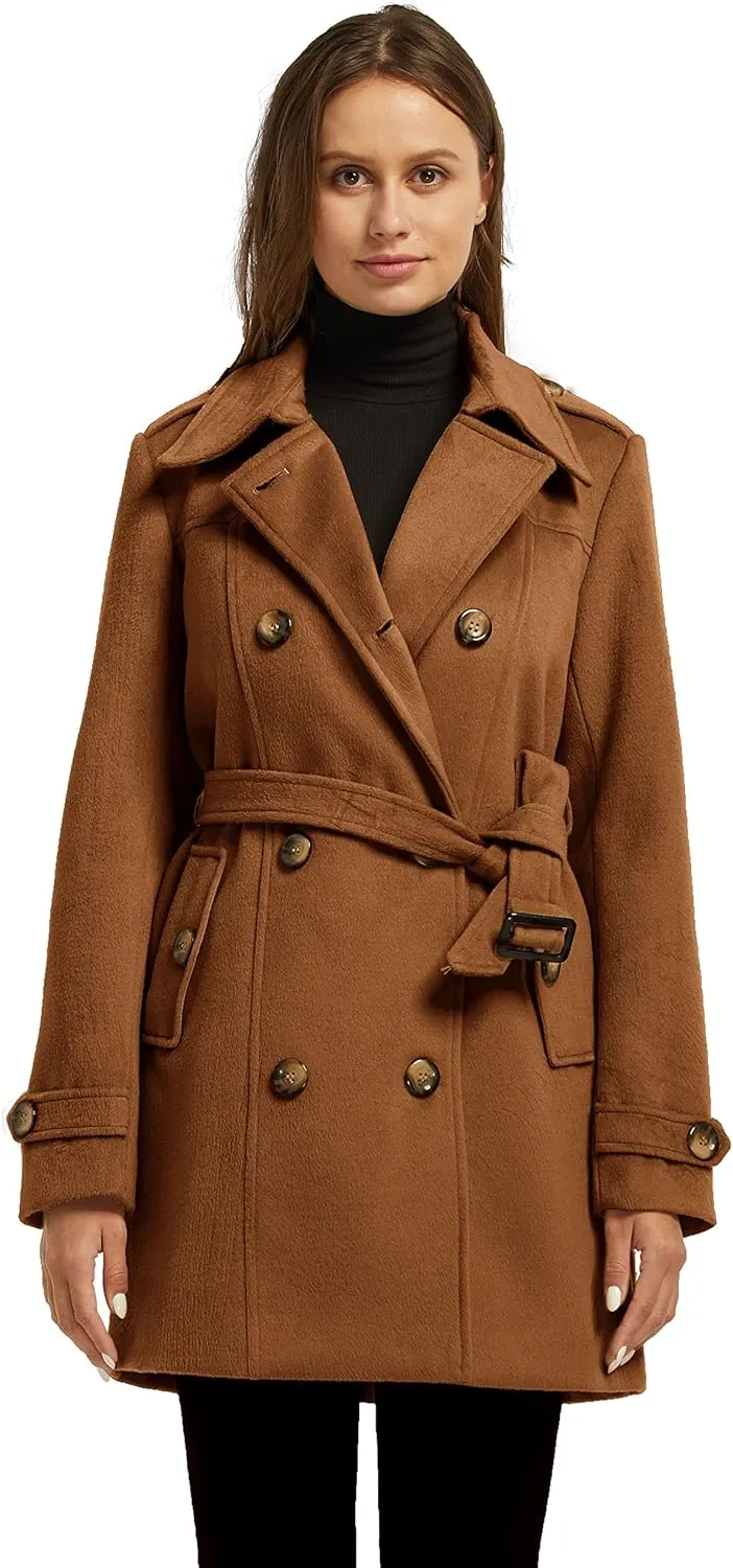 wantdo Women's Double Breasted Pea Coat Winter Mid-Long Trench Coat with Belt