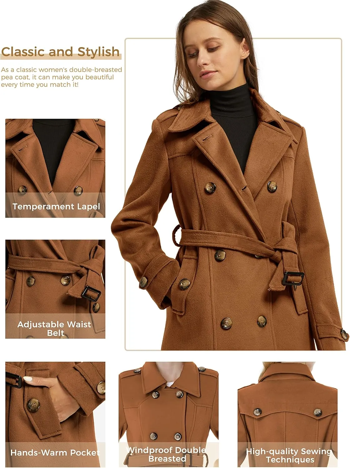 wantdo Women's Double Breasted Pea Coat Winter Mid-Long Trench Coat with Belt