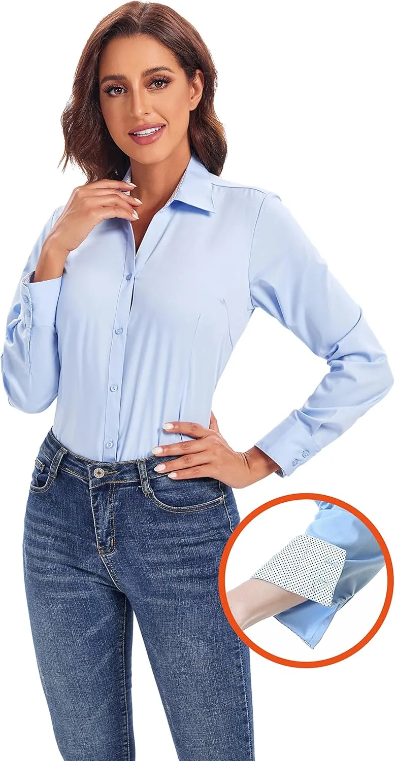 WARHORSEE Womens Button Down Shirt Long Sleeve Work Dress Shirts, V Neck Easy Care Stretchy Business Casual Blouses for Women