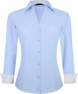 WARHORSEE Womens Button Down Shirt Long Sleeve Work Dress Shirts, V Neck Easy Care Stretchy Business Casual Blouses for Women