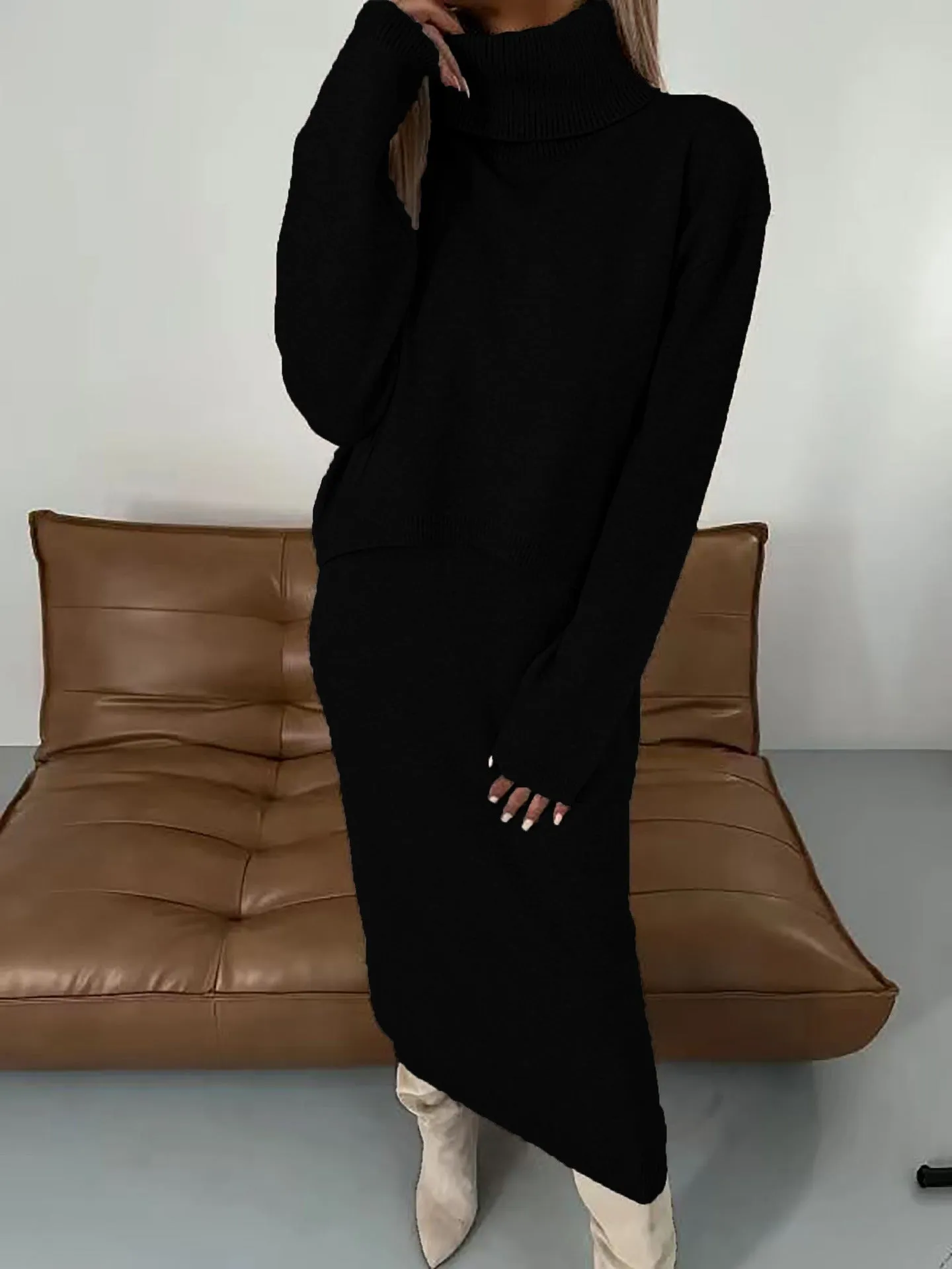 Warm & Cozy Autumn/Winter Knitted High Neck Long Sleeve Two Piece Sweater Dress
