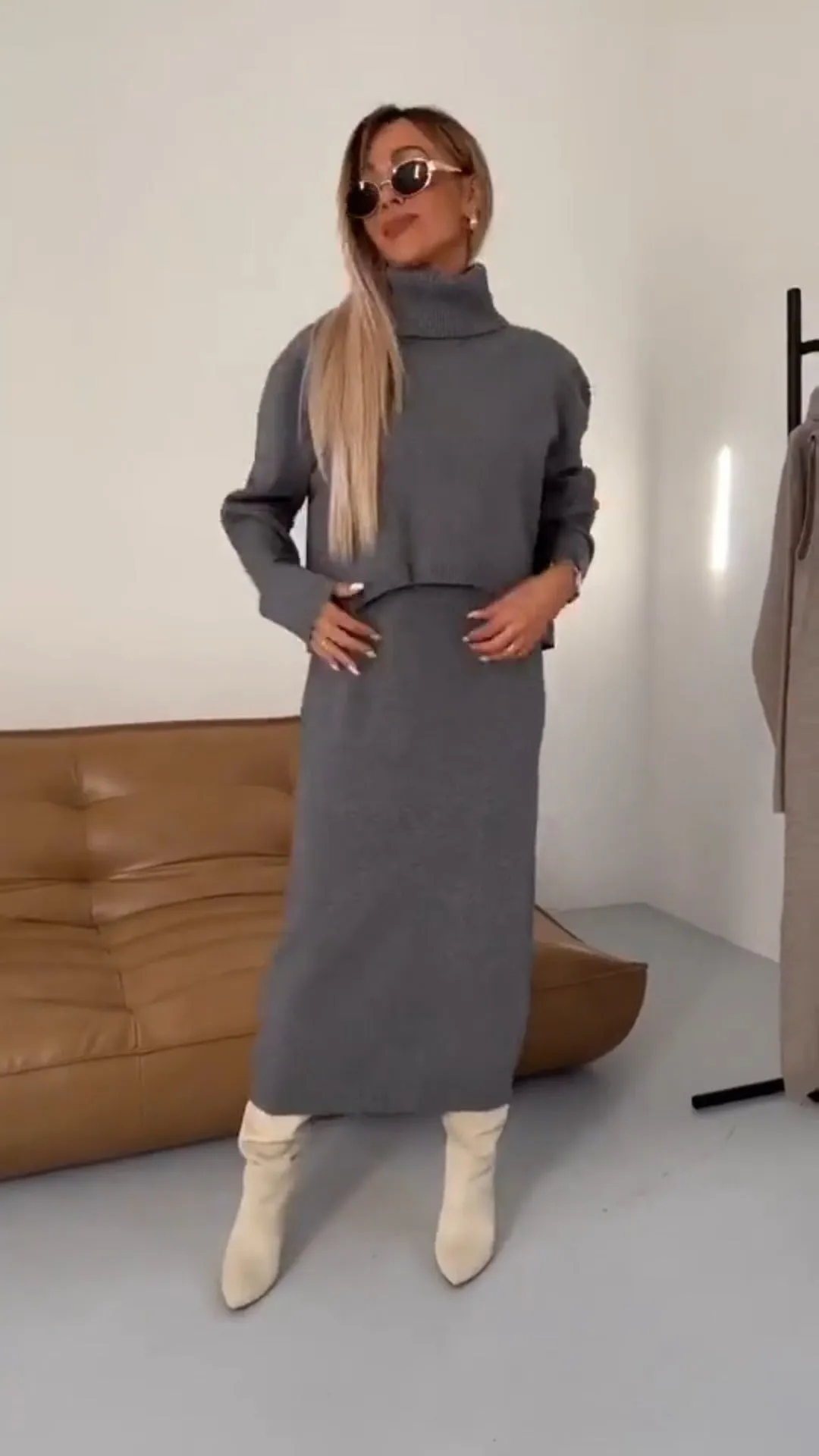 Warm & Cozy Autumn/Winter Knitted High Neck Long Sleeve Two Piece Sweater Dress