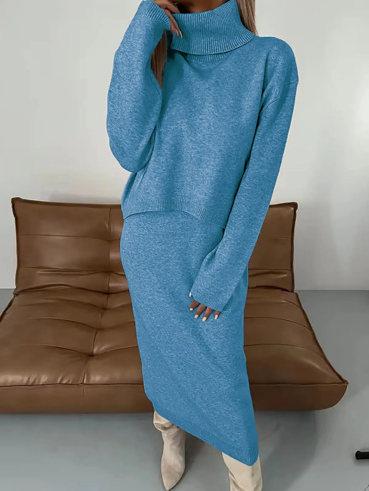 Warm & Cozy Autumn/Winter Knitted High Neck Long Sleeve Two Piece Sweater Dress