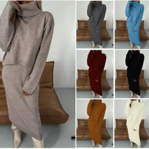Warm & Cozy Autumn/Winter Knitted High Neck Long Sleeve Two Piece Sweater Dress