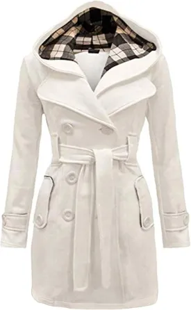 WIWIQS Women's Hooded Double-Breasted Thick Wool Blend Trench Coat Jacket Winter Mid-Long Pea Coat with Belt