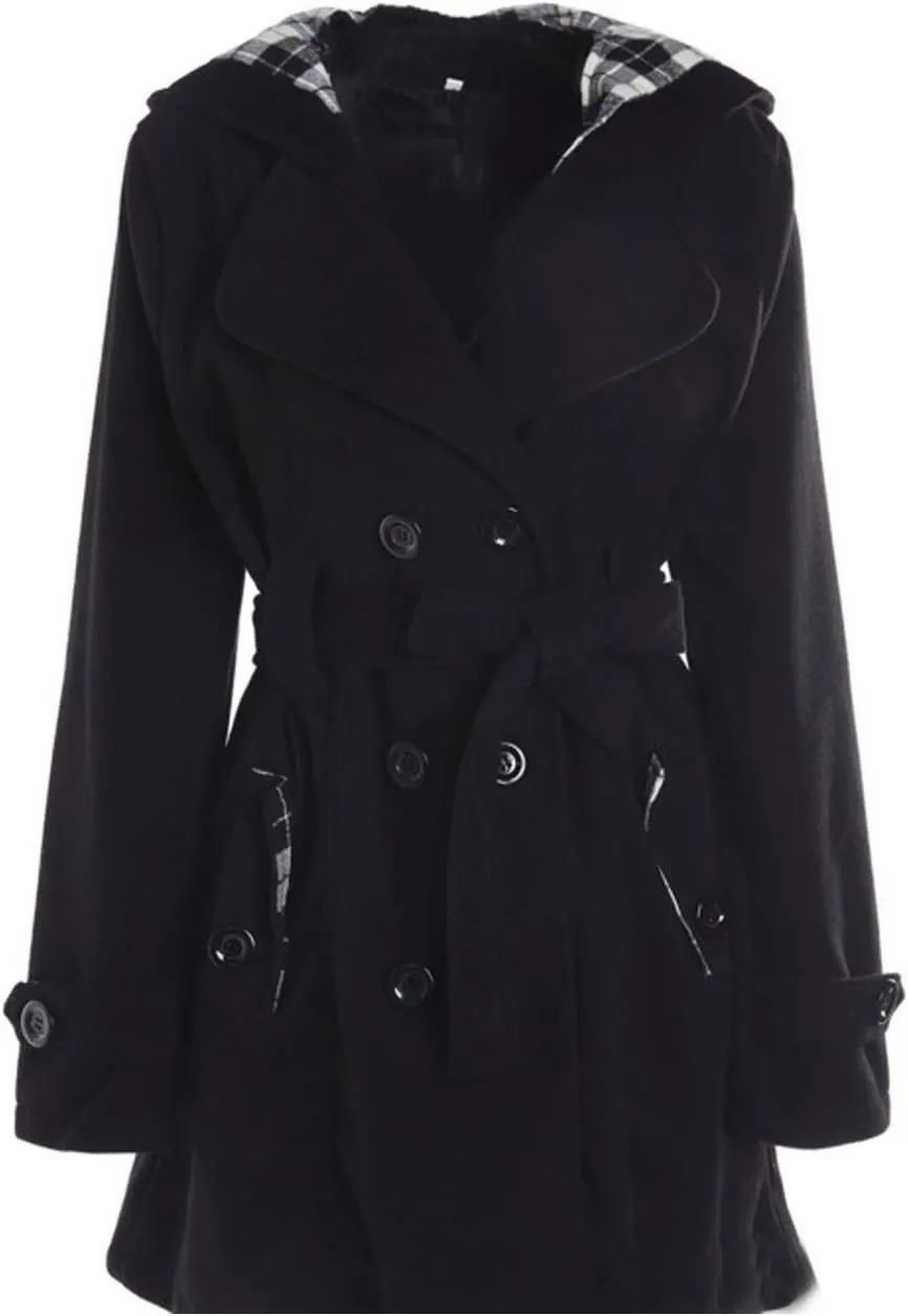 Women Casual Outwear Double Breasted Belt Hooded Long Sleeve Woolen Trench Coat