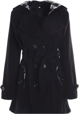 Women Casual Outwear Double Breasted Belt Hooded Long Sleeve Woolen Trench Coat