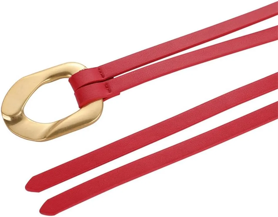 Women Genuine Leather Tie Belt Gold Buckle Double Strap Belts