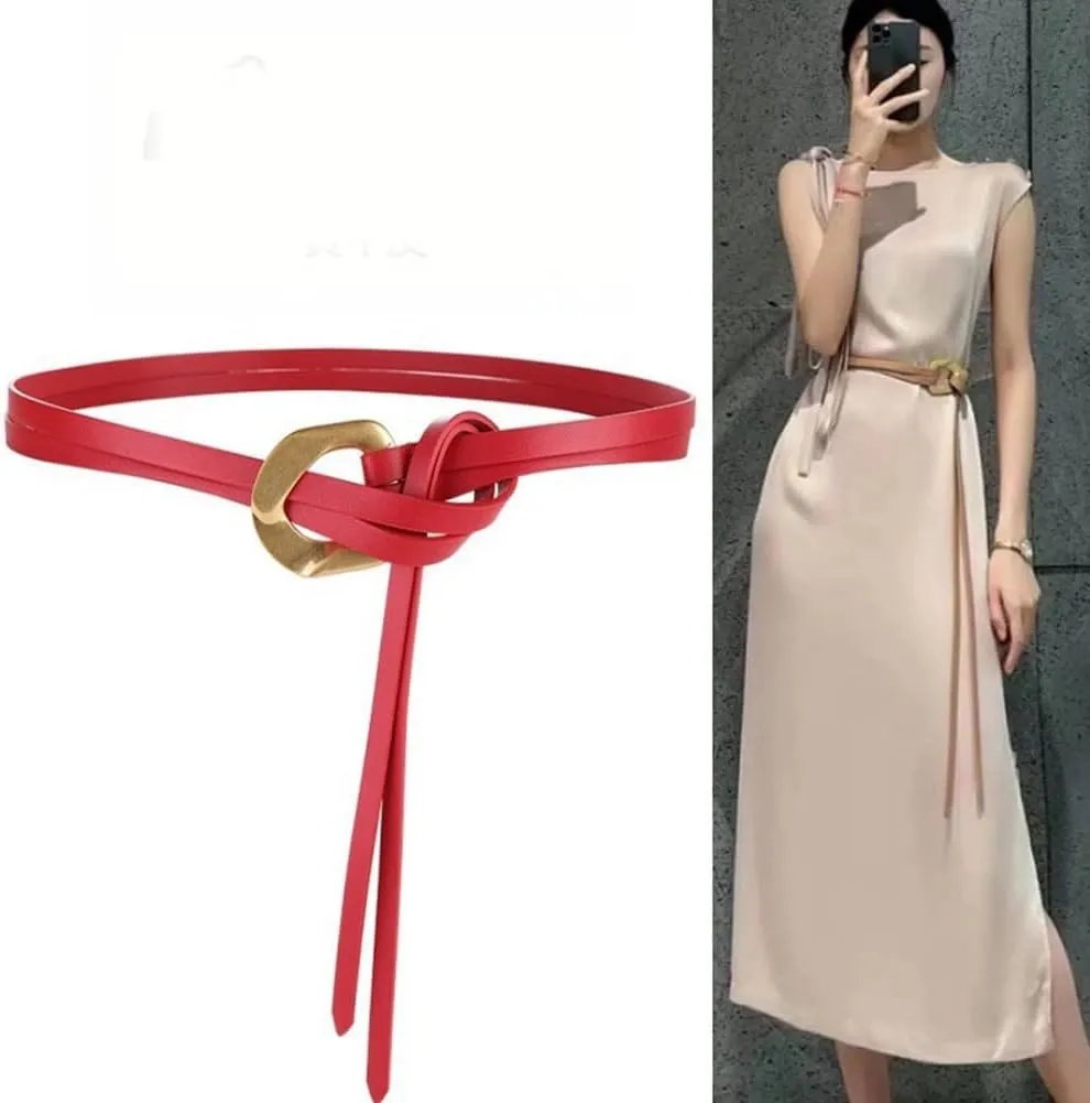 Women Genuine Leather Tie Belt Gold Buckle Double Strap Belts