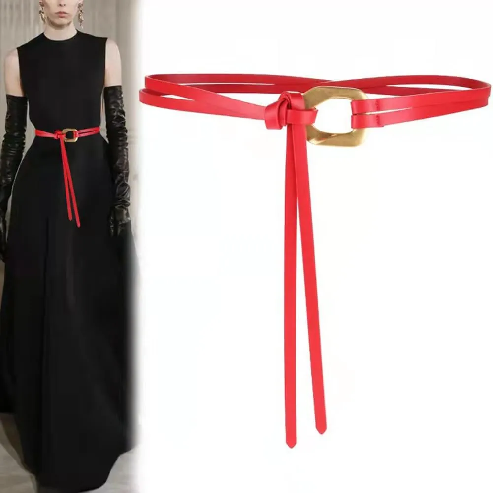 Women Genuine Leather Tie Belt Gold Buckle Double Strap Belts