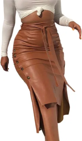 Women 's Faux Leather Pencil Skirt High Waist Button Slit Bodycon Hip-Wrapped Skirt with Belt