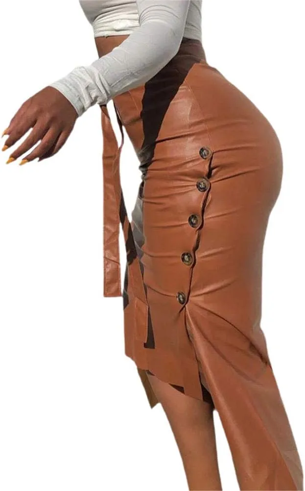 Women 's Faux Leather Pencil Skirt High Waist Button Slit Bodycon Hip-Wrapped Skirt with Belt