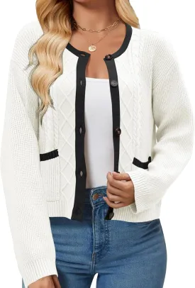 Women's 2024 Long Sleeve Knit Oversized Cardigan Crewneck Open Front Button Sweater Outerwear with Pockets