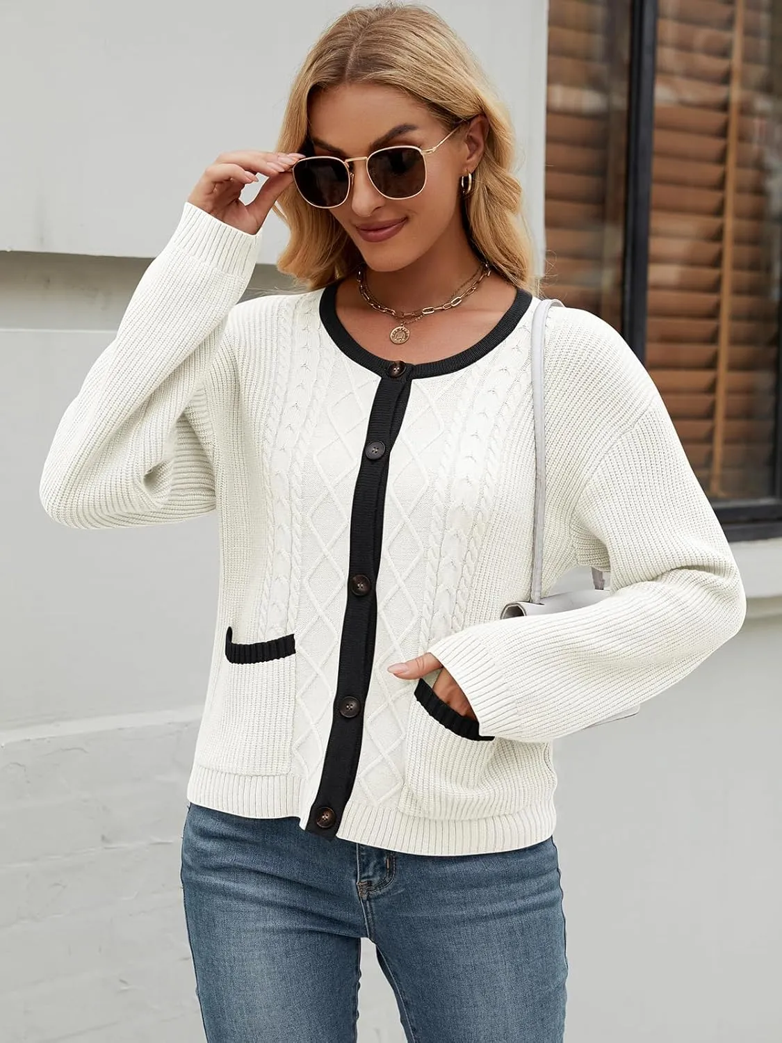 Women's 2024 Long Sleeve Knit Oversized Cardigan Crewneck Open Front Button Sweater Outerwear with Pockets