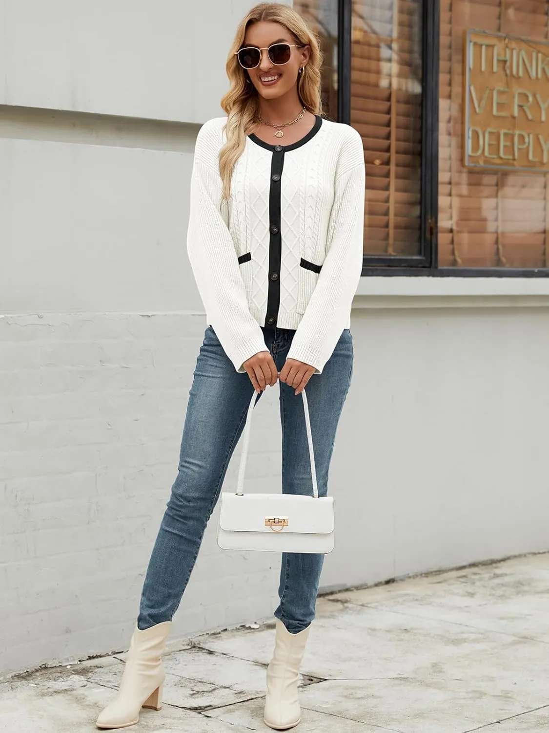 Women's 2024 Long Sleeve Knit Oversized Cardigan Crewneck Open Front Button Sweater Outerwear with Pockets