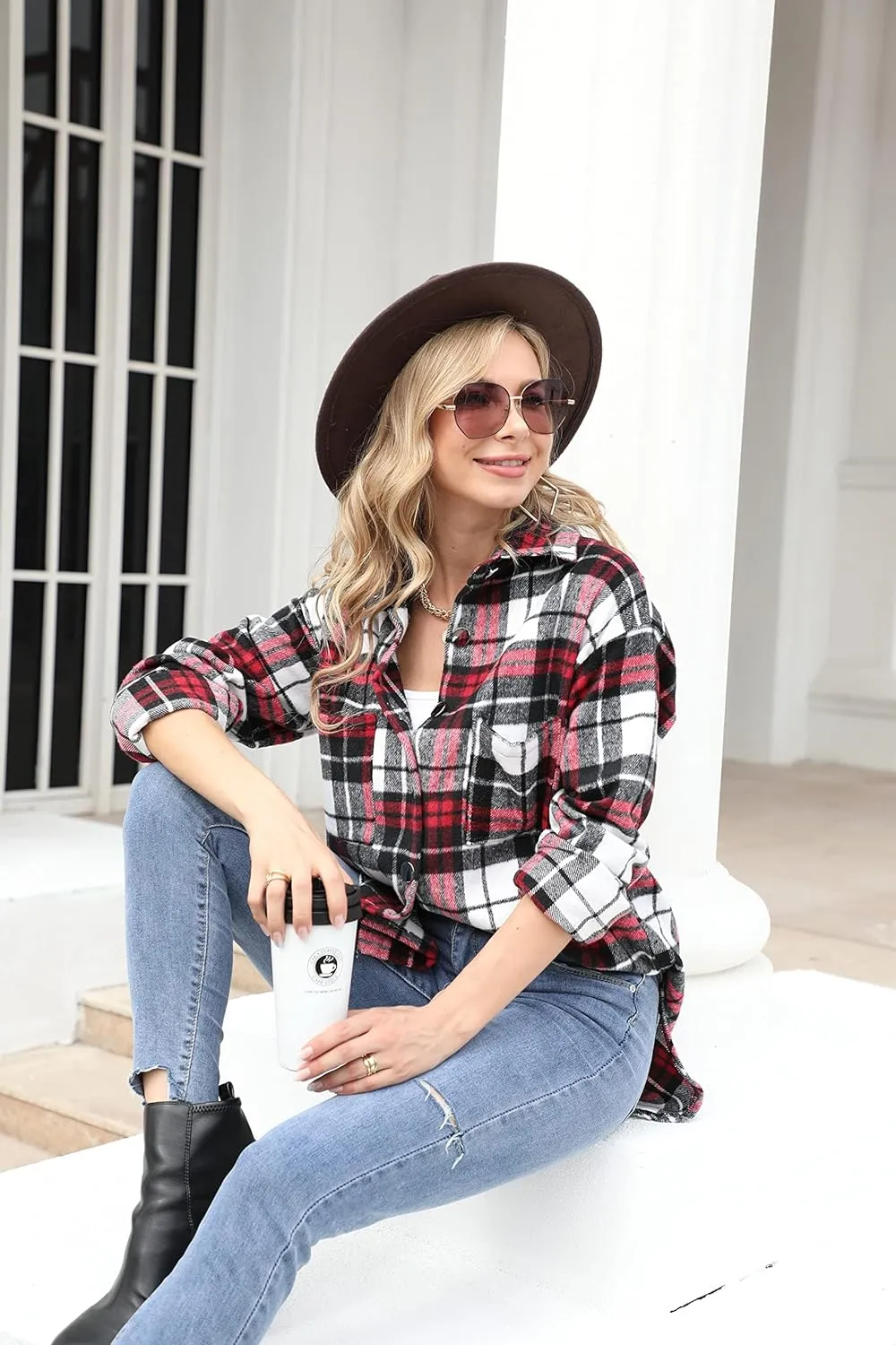 Women's Casual Long Sleeve Tops Fall Blouses Flannel Plaid Button-Down Shirt Jacket with Pockets