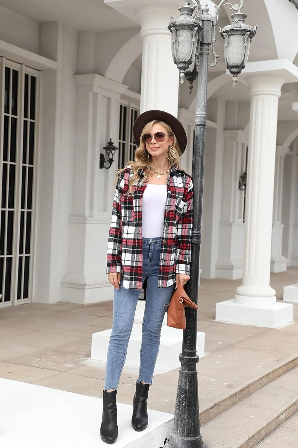 Women's Casual Long Sleeve Tops Fall Blouses Flannel Plaid Button-Down Shirt Jacket with Pockets