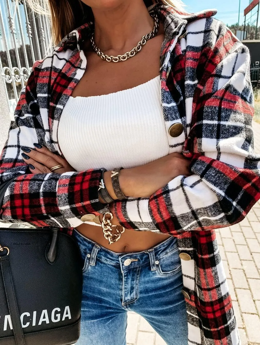 Women's Casual Long Sleeve Tops Fall Blouses Flannel Plaid Button-Down Shirt Jacket with Pockets