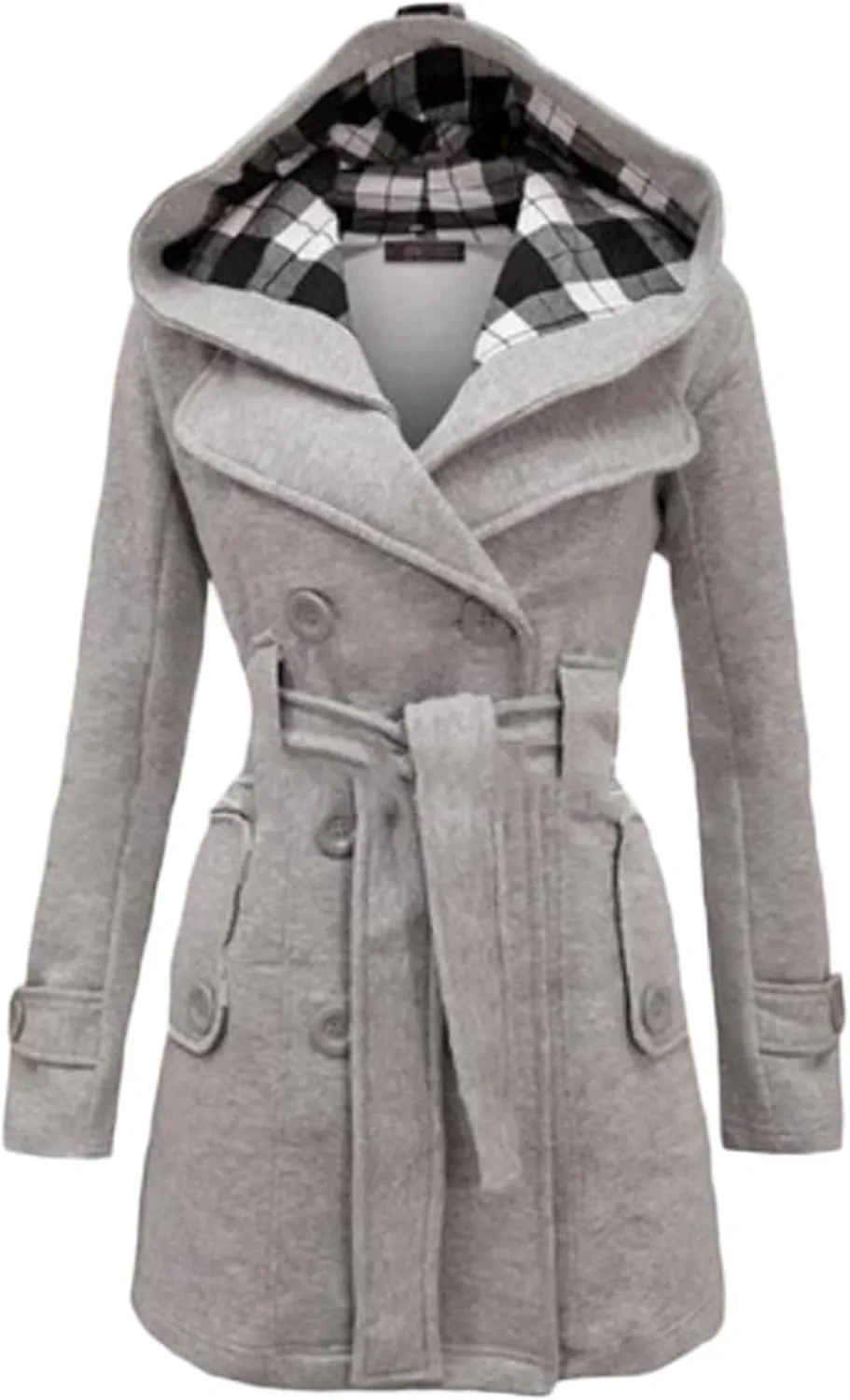 Women's Double Breasted Pea Coat Hooded Long Winter Trench Coat Belted Sexy Fashion Coat