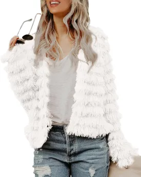 Womens Open Front Faux Fur Cardigan Vintage Parka Shaggy Jacket Coat