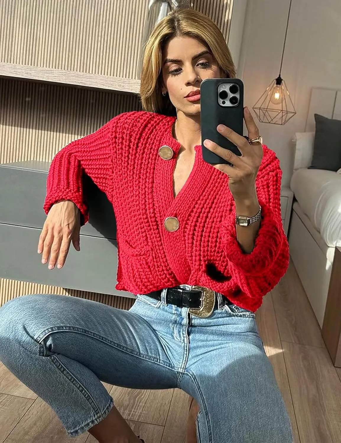 Wyeysyt Women's Cropped Cardigan Sweater Button Down Long Sleeve Chunky Knit Sweater Coat