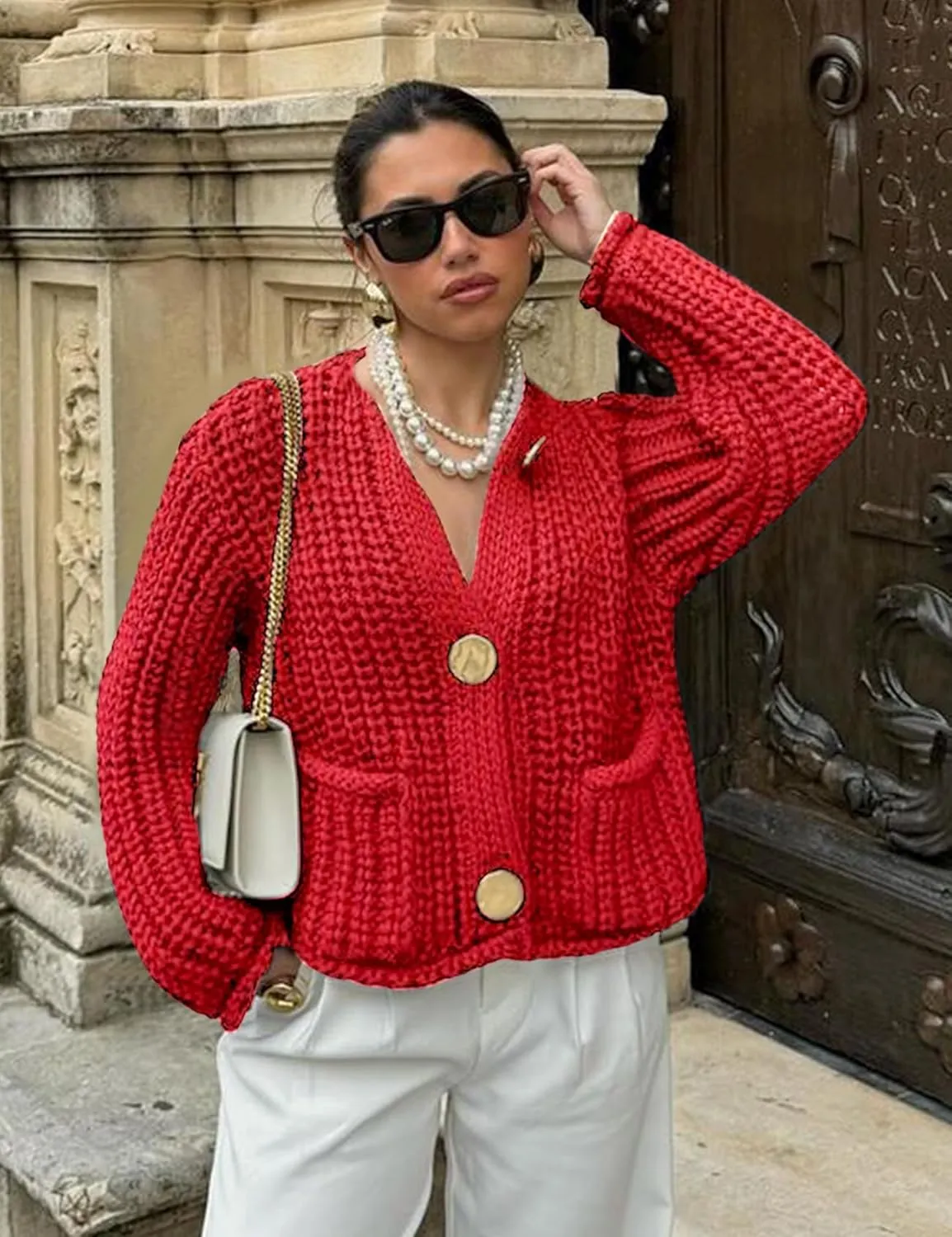 Wyeysyt Women's Cropped Cardigan Sweater Button Down Long Sleeve Chunky Knit Sweater Coat