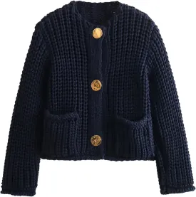 Wyeysyt Women's Cropped Cardigan Sweater Button Down Long Sleeve Chunky Knit Sweater Coat