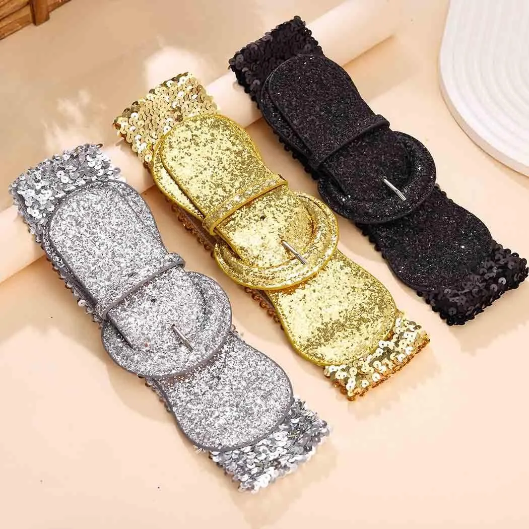 Yalice Sparkle Elastic Waist Belt for Women Stretchy Wide Dress Belts Bling Ladies Waistband with Sequins