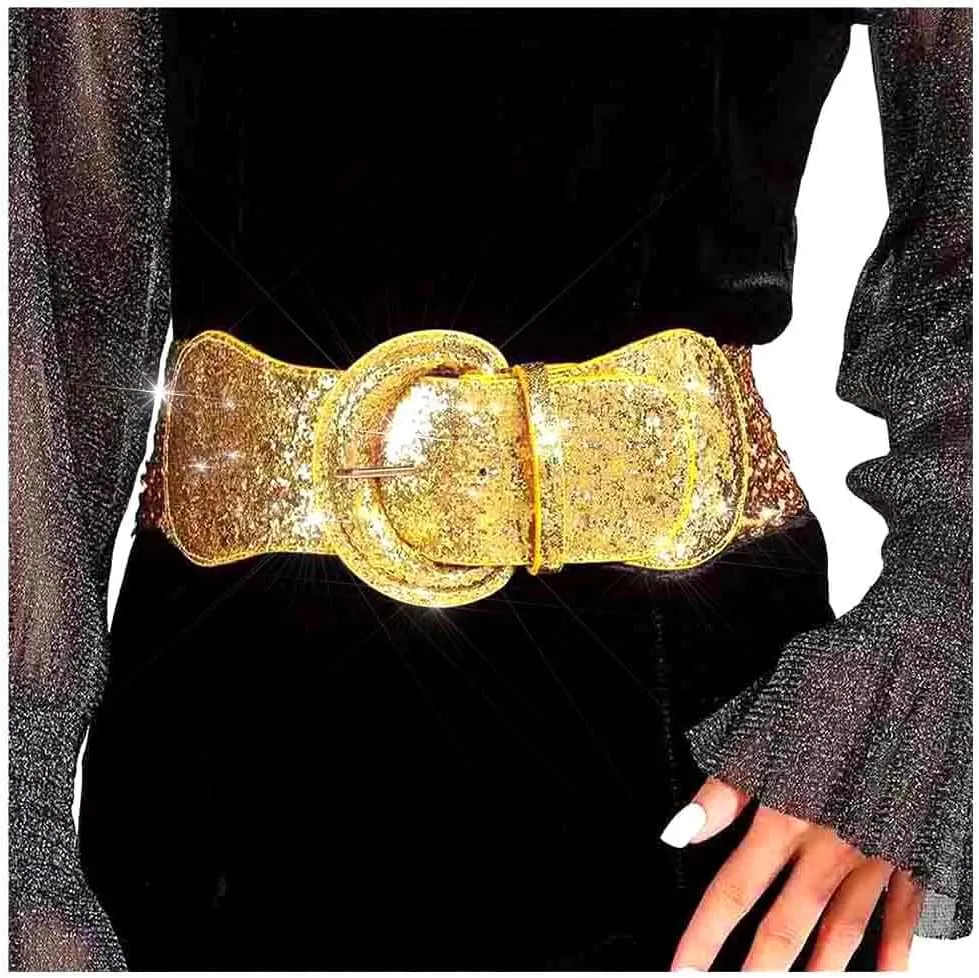 Yalice Sparkle Elastic Waist Belt for Women Stretchy Wide Dress Belts Bling Ladies Waistband with Sequins