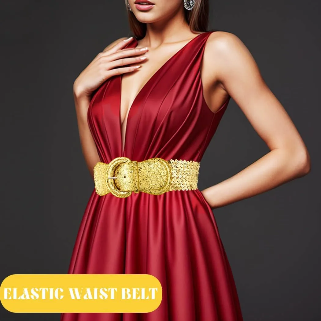 Yalice Sparkle Elastic Waist Belt for Women Stretchy Wide Dress Belts Bling Ladies Waistband with Sequins