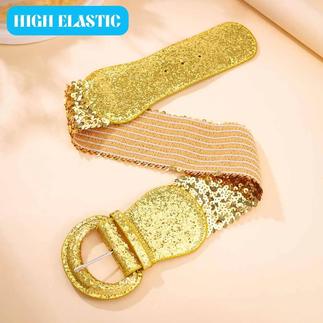 Yalice Sparkle Elastic Waist Belt for Women Stretchy Wide Dress Belts Bling Ladies Waistband with Sequins